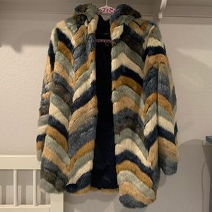 Multicolor Chevron Faux Fur Coat